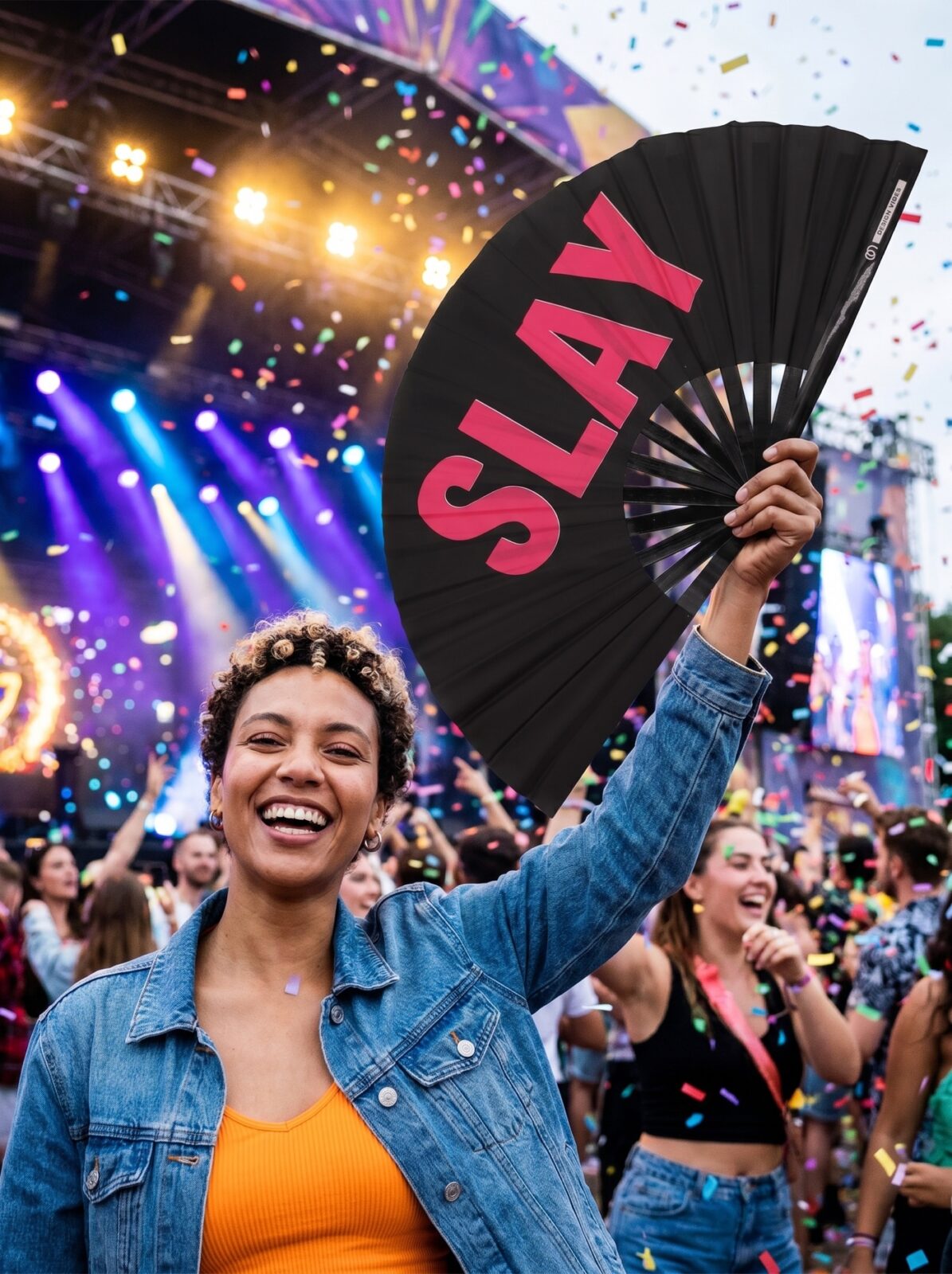 Éventail Festival « SLAY » en noir/rose – Accessoire Pride & Rave – Affichage 4