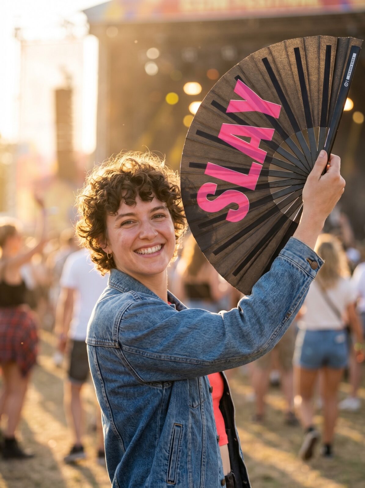 Éventail Festival « SLAY » en noir/rose – Accessoire Pride & Rave – Affichage 3