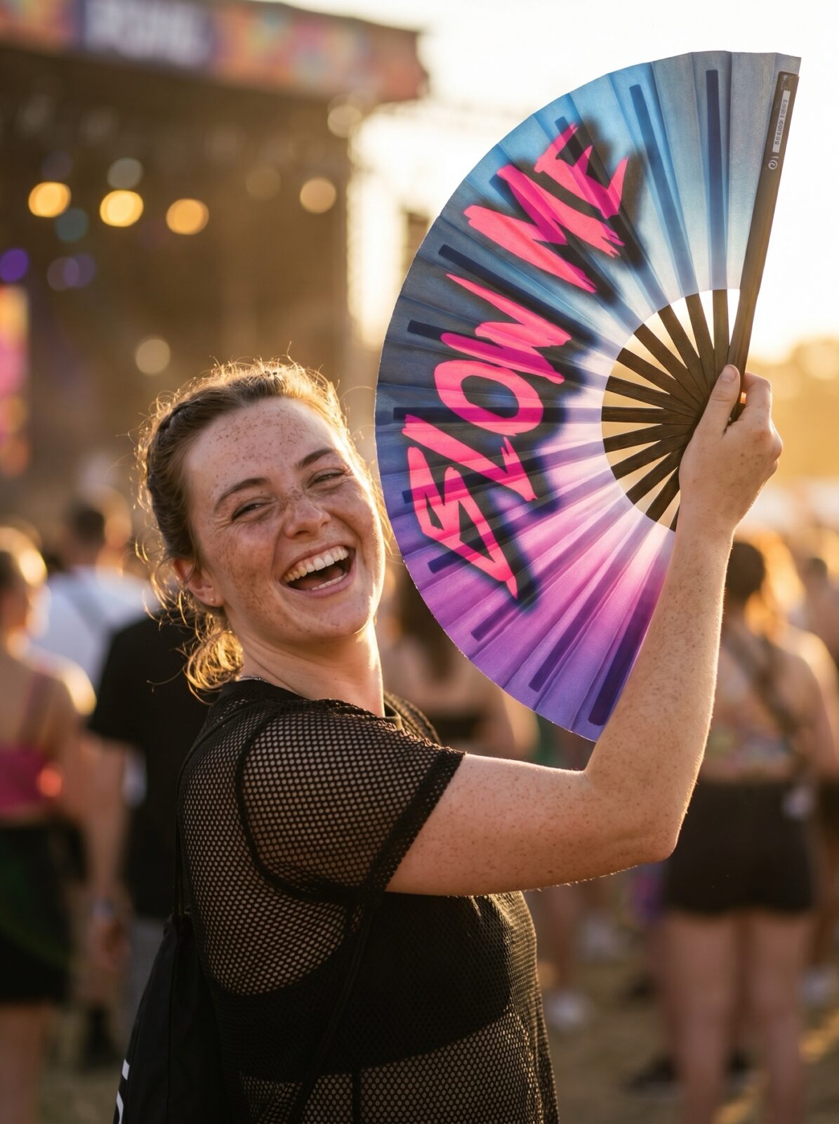 Éventail Festival « BLOW ME » en violet-bleu – Accessoire Rave & Pride – Affichage 3