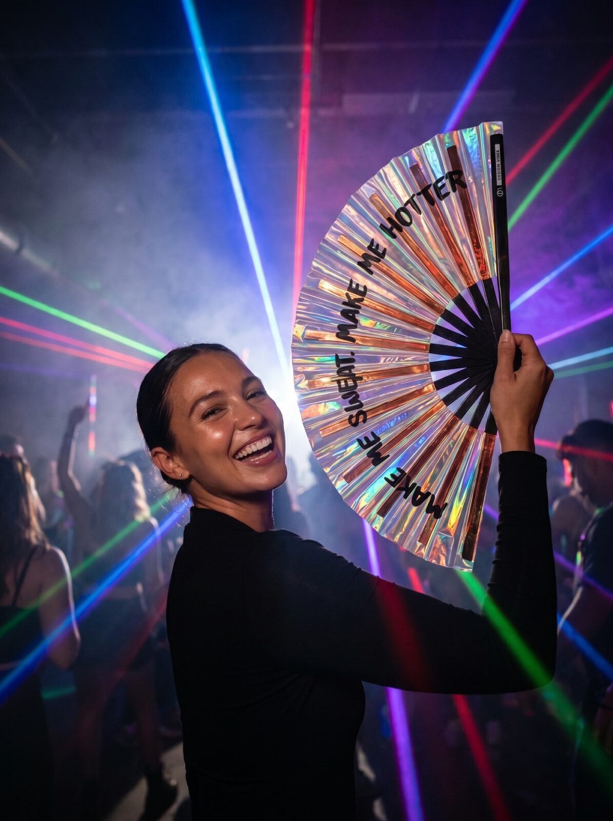 Festival Fan « MAKE ME SWEAT » holographique or rose – Rave – Affichage 2