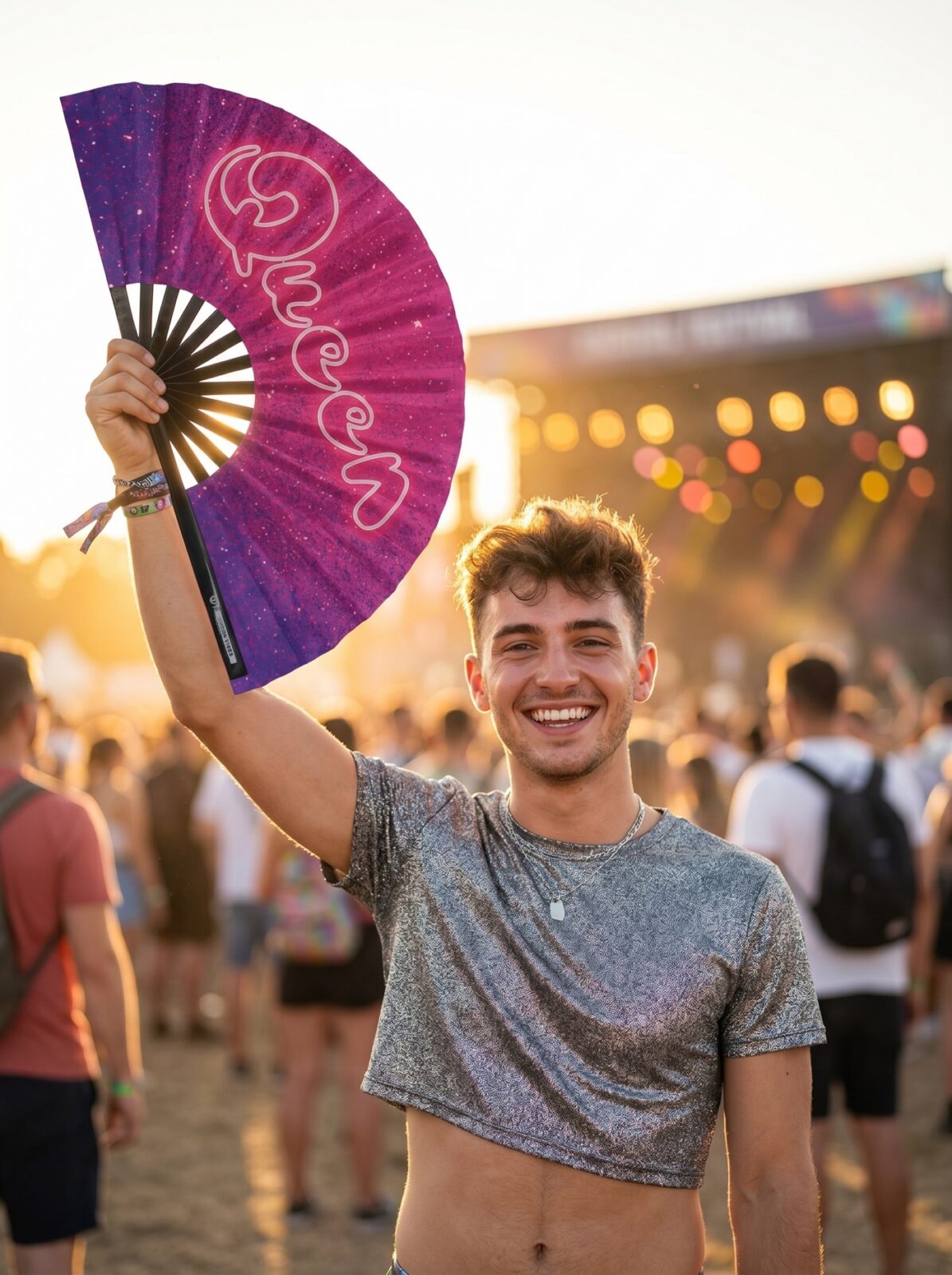 Éventail Festival « Queen » Rose-Violet Galaxie Paillettes – Rave & Pride – Affichage 3