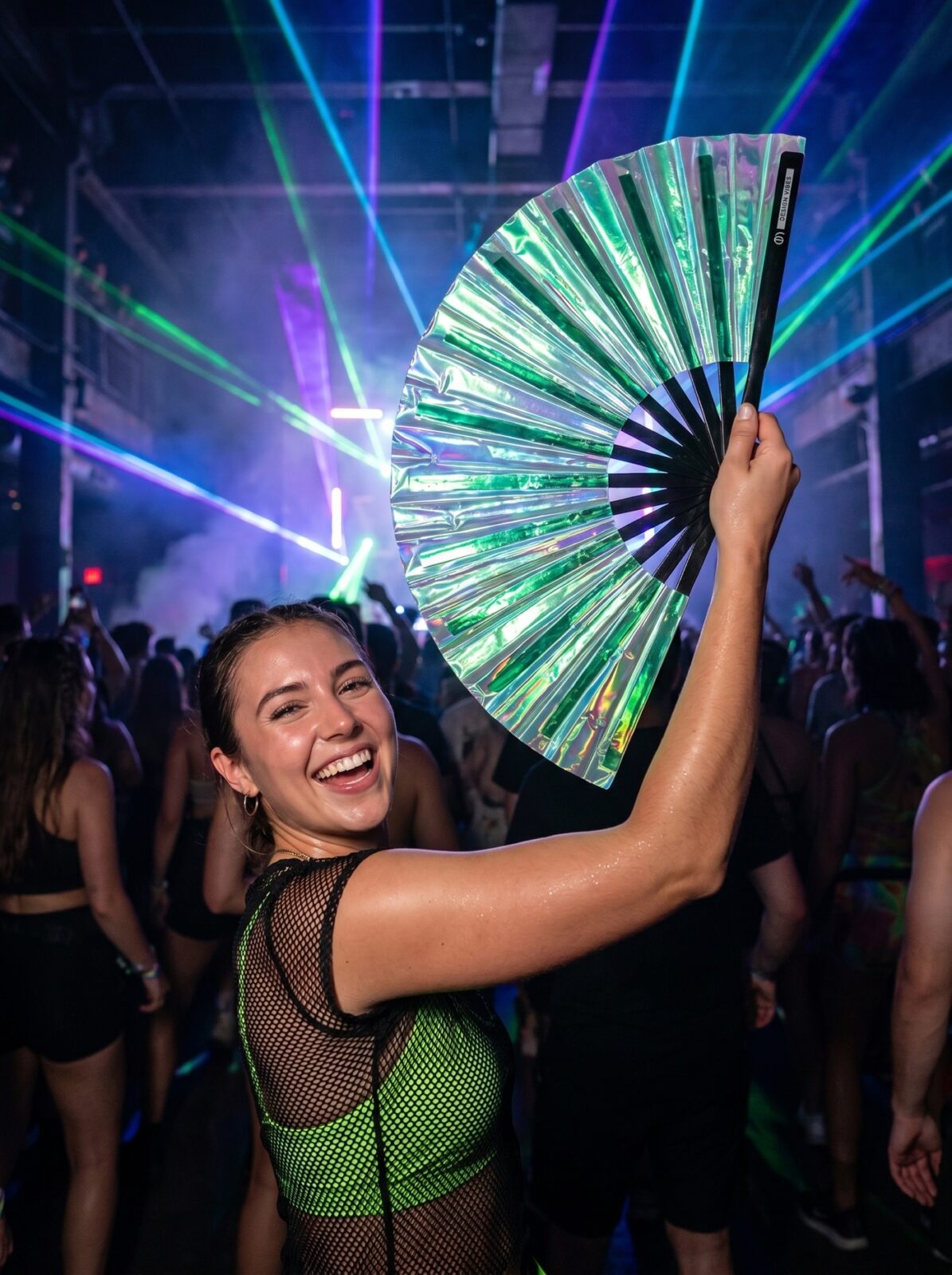 Festival Fan Holographique Vert – accessoire iridescent Rave – Affichage 2