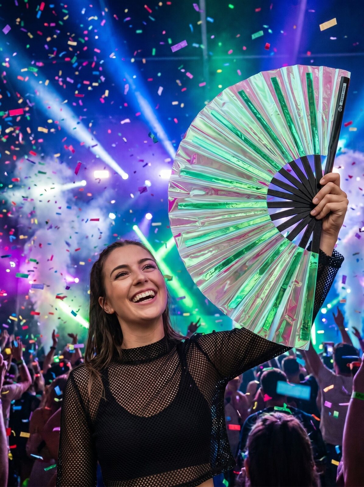 Festival Fan Holographique Vert – accessoire iridescent Rave – Affichage 4