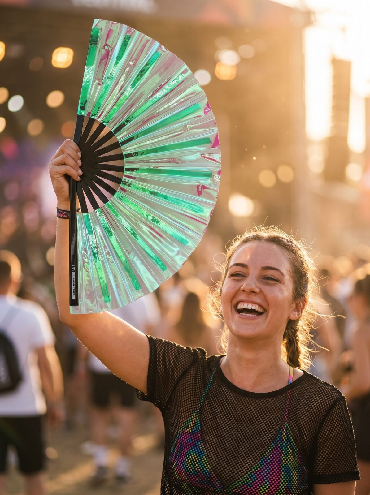 Festival Fan Holographique Vert – accessoire iridescent Rave – Affichage 3