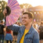 Éventail Festival Holographique Rose – accessoire Pride iridescent – Affichage 3