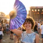 Festival Fan Holographique Bleu-Violet Métallisé – Accessoire Rave – Affichage 3
