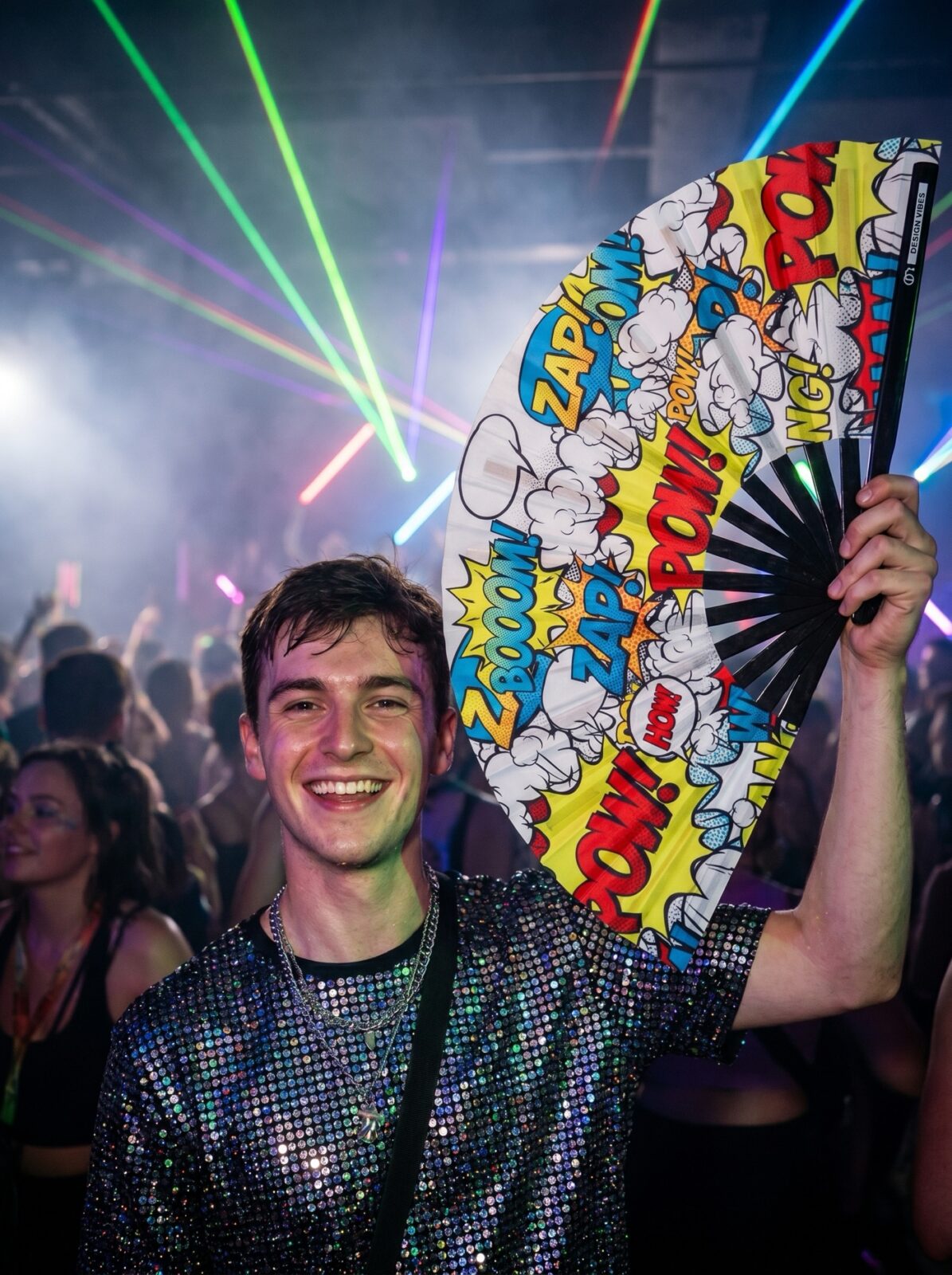 Festival Fan « ZAP BOOM POW » Jaune Comic – Rave & Party – Affichage 2