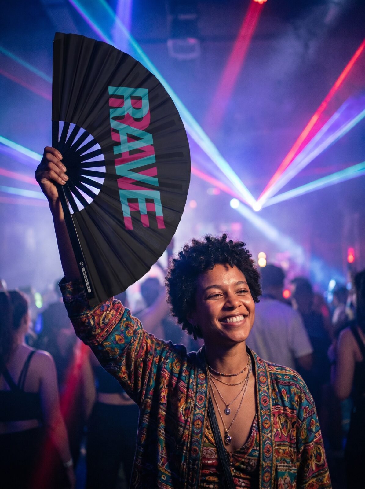 Festival Fan « RAVE » Noir Teal-Pink – Techno & Rave Accessoire – Affichage 2