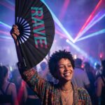 Festival Fan « RAVE » Noir Teal-Pink – Techno & Rave Accessoire – Affichage 2