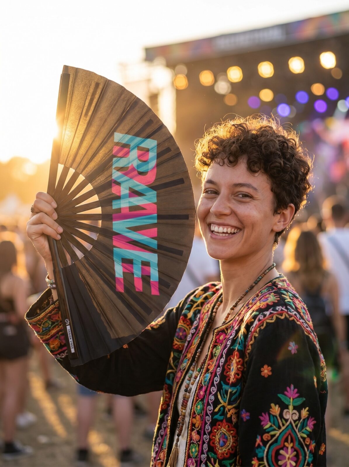 Festival Fan « RAVE » Noir Teal-Pink – Techno & Rave Accessoire – Affichage 3