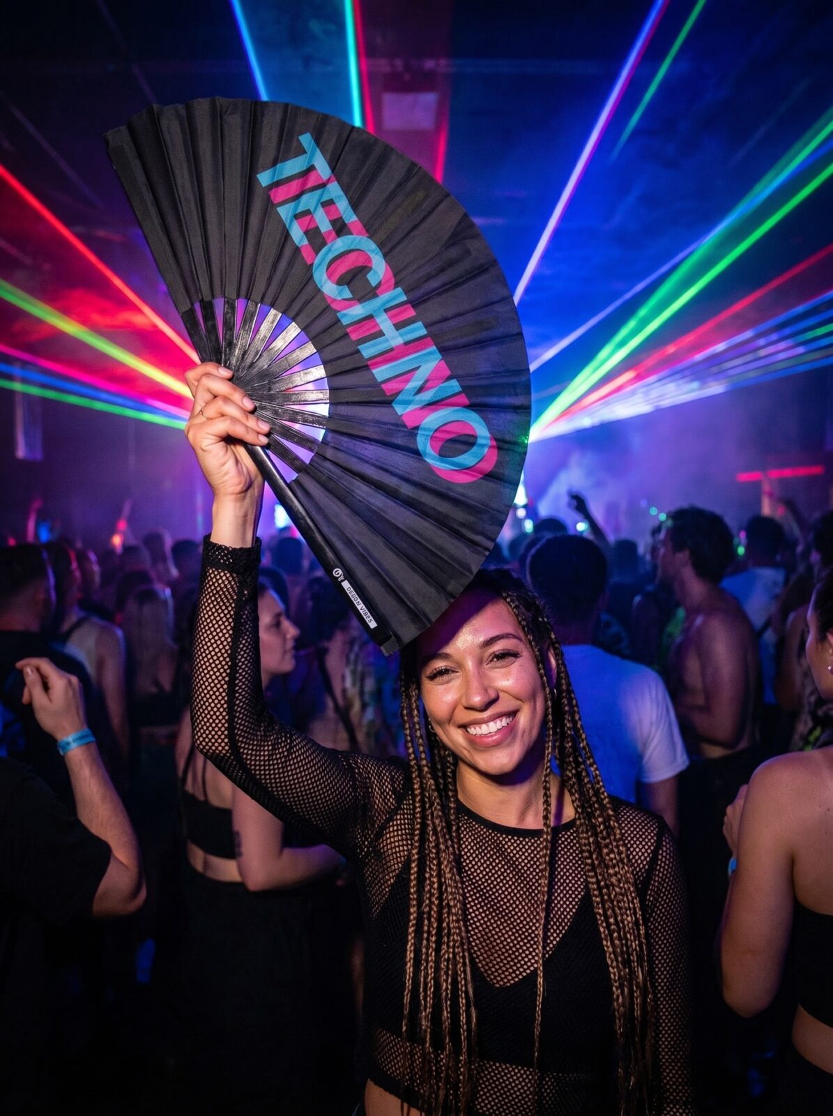 Festival Fan « TECHNO » Noir Teal-Pink – Techno & Rave – Affichage 2