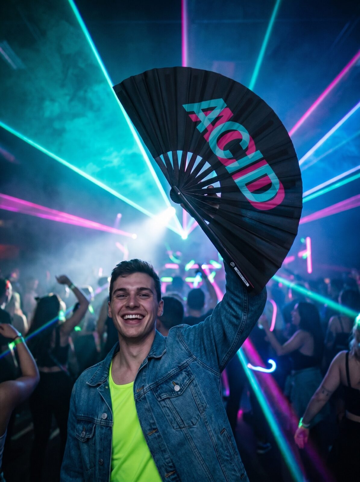 Festival Fan « ACID » Noir Teal-Pink – Techno & Rave Accessoire – Affichage 2
