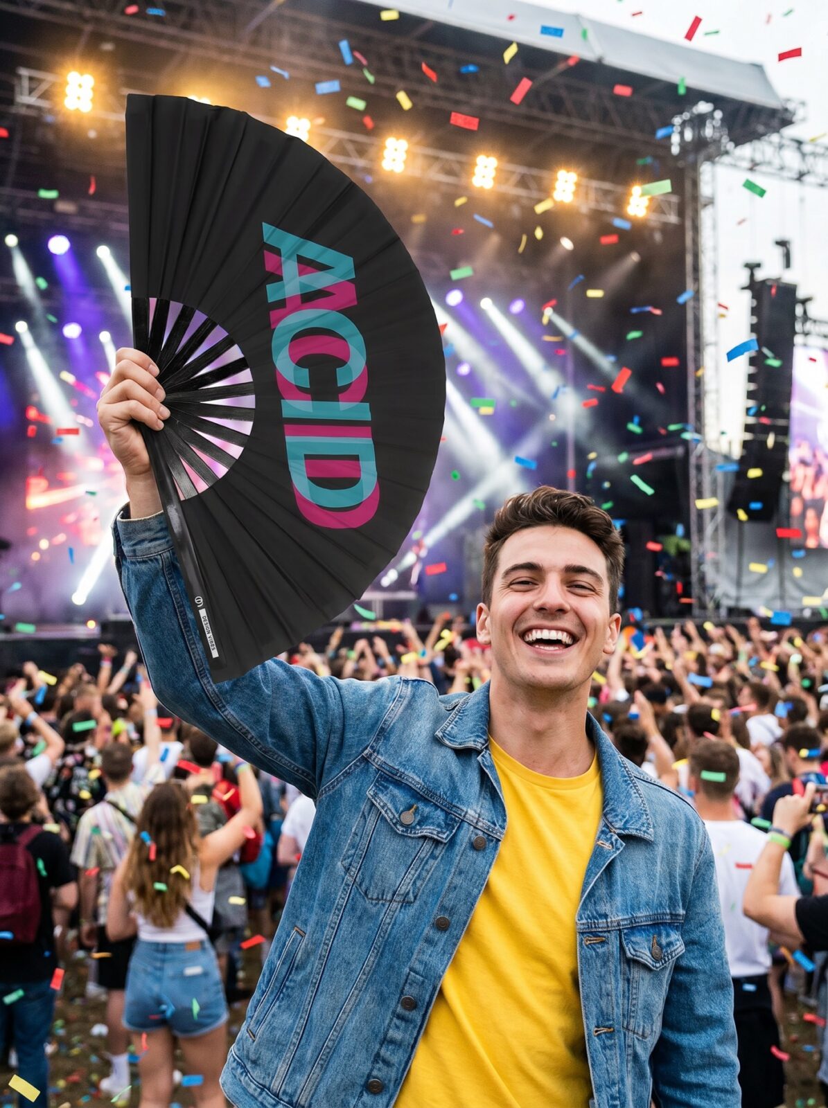 Festival Fan « ACID » Noir Teal-Pink – Techno & Rave Accessoire – Affichage 4