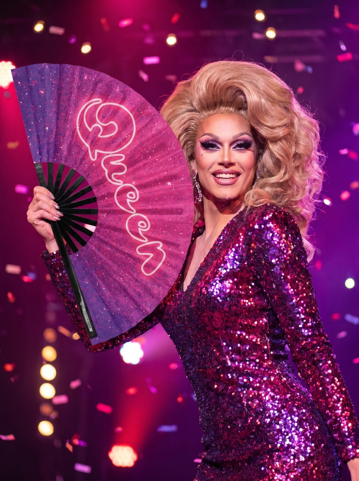 Éventail Festival « Queen » Rose-Violet Galaxie Paillettes – Rave & Pride – Affichage 5