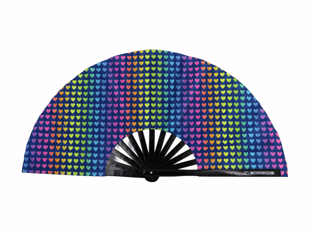 Festival Fan bleu foncé avec des cœurs arc-en-ciel pour la Pride