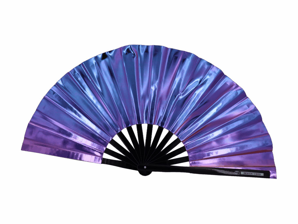 Festival Fan holographique bleu-violet métallisé, accessoire de rave pour Tomorrowland 2026
