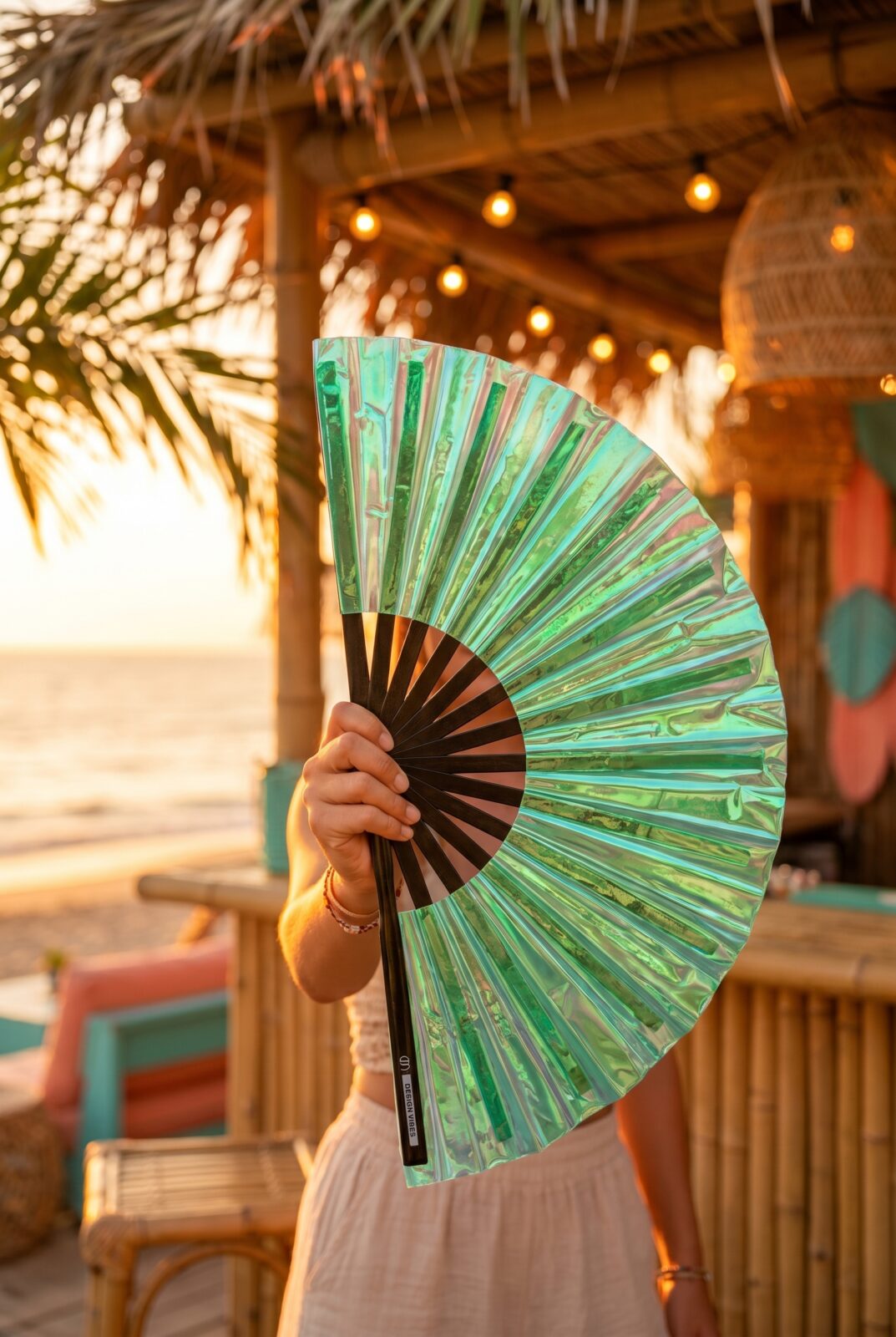 Festival Fan Holographique Vert – accessoire iridescent Rave – Affichage 6