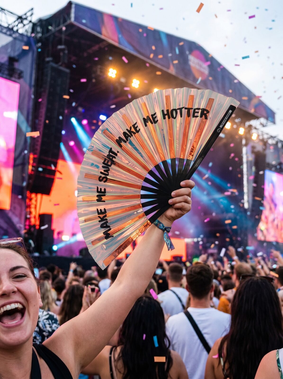 Festival Fan « MAKE ME SWEAT » holographique or rose – Rave – Affichage 4