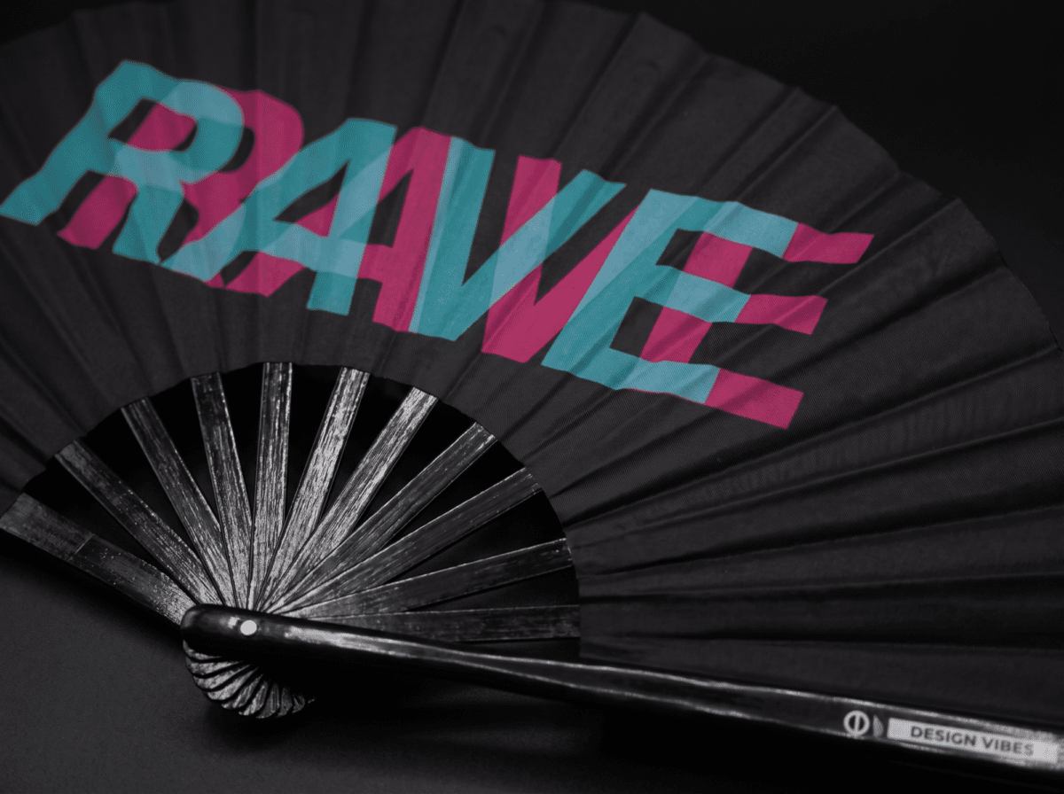 Festival Fan « RAVE » noir, bleu sarcelle et rose, accessoire Techno & Rave, Affichage 8