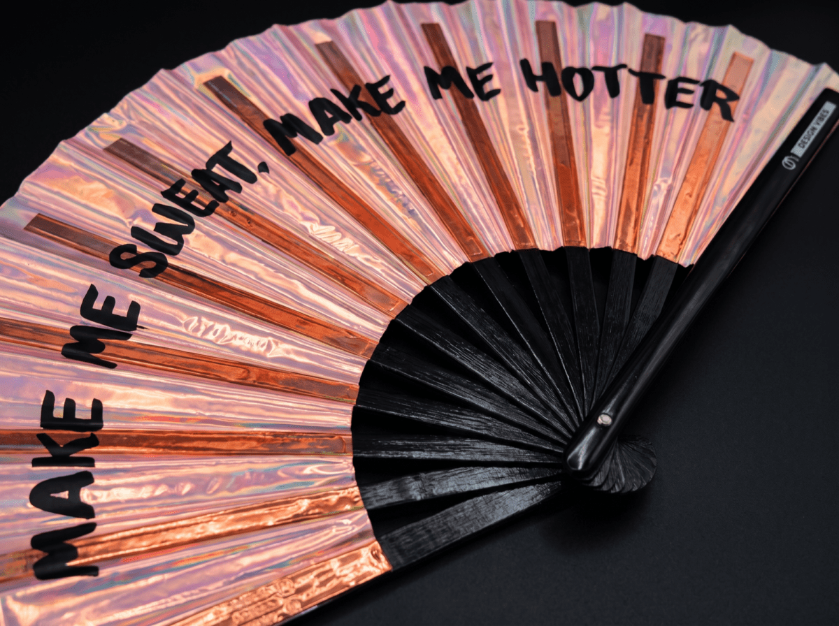 Festival Fan « MAKE ME SWEAT » holographique or rose, Rave, Affichage 8