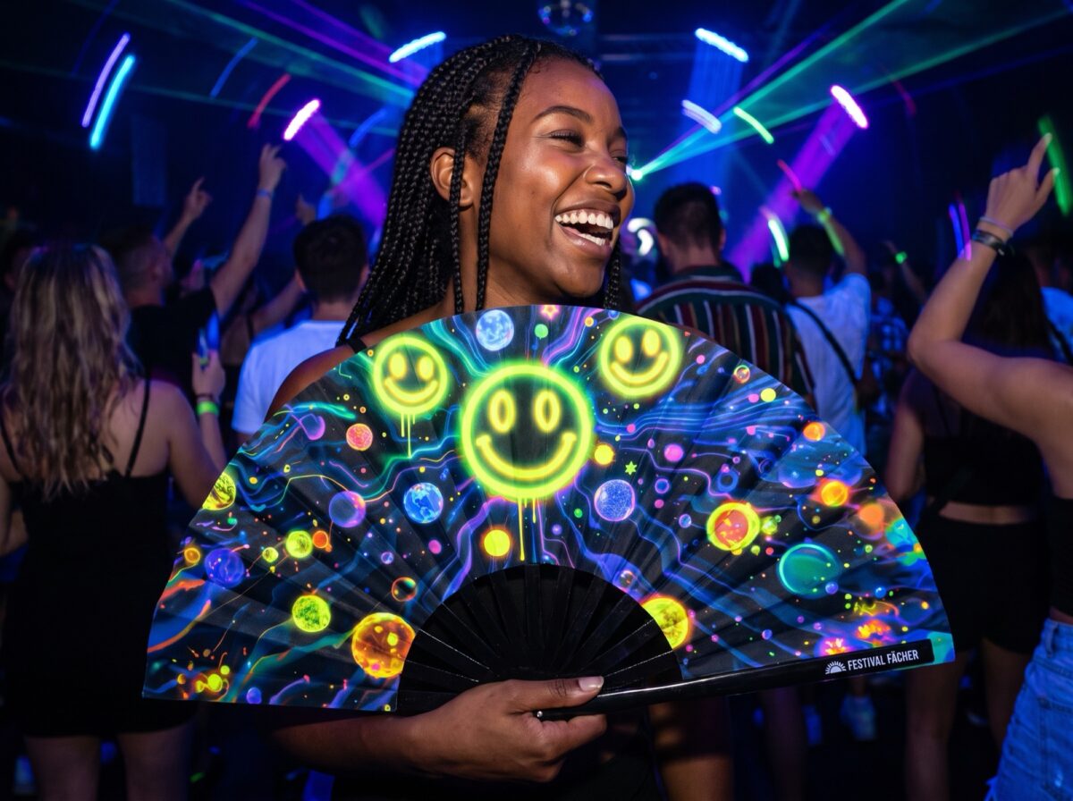 Festival Fans « Neon Acid Smileys » noirs pour la Techno et la Rave, Affichage 2