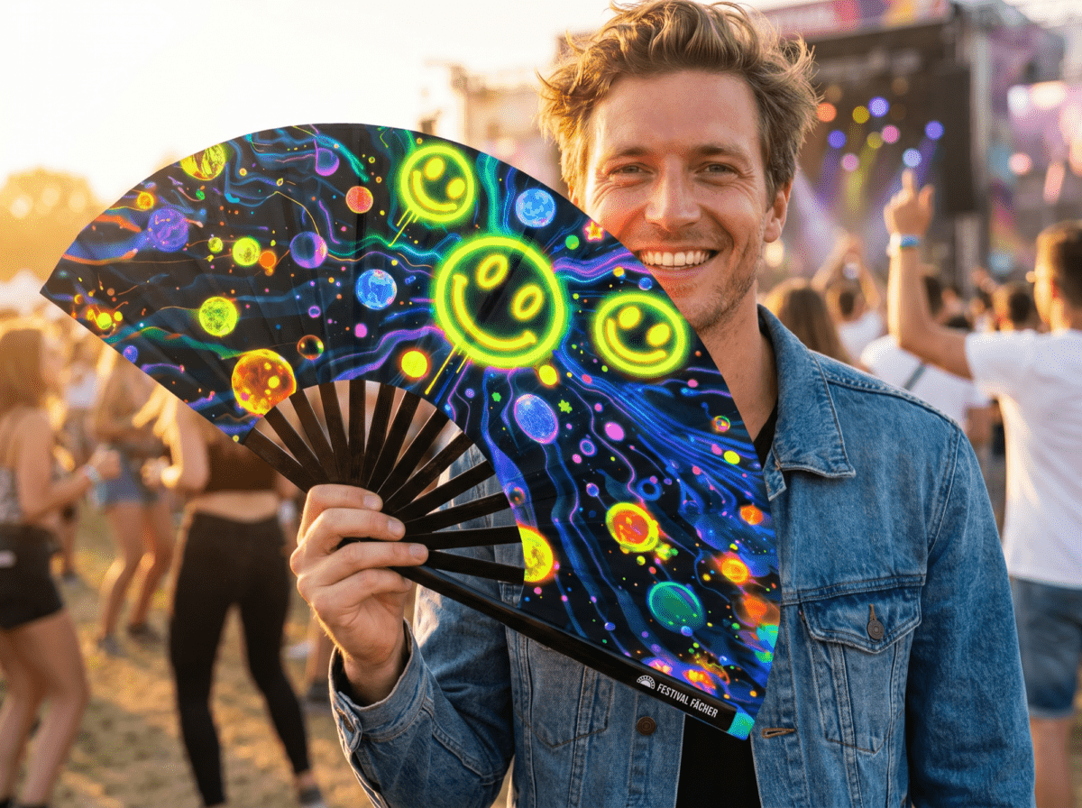 Festival Fans « Neon Acid Smileys » noirs pour la Techno et la Rave, Affichage 3