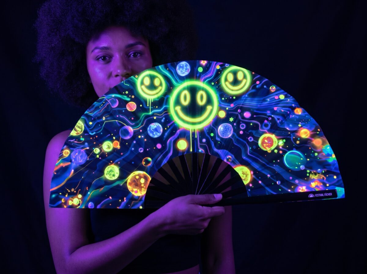 Festival Fans « Neon Acid Smileys » noirs pour la Techno et la Rave Rave (UV)