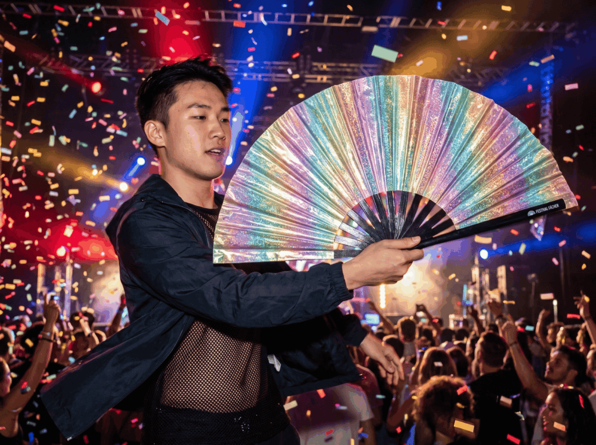 Festival Fans holographiques avec paillettes en forme d&rsquo;arc-en-ciel pastel pour les festivals et les Raves, Affichage 4