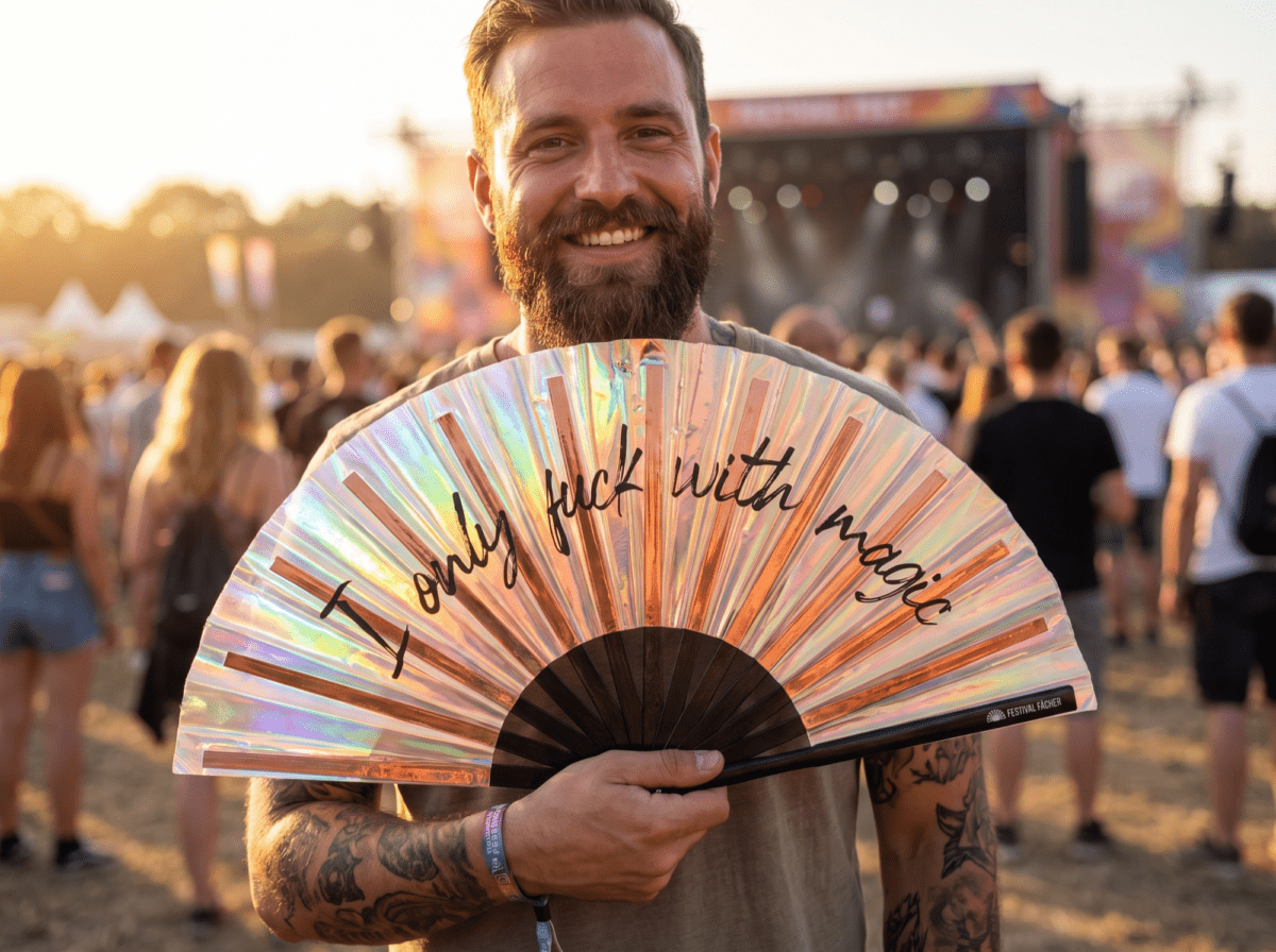 Festival Fan « I only fuck with magic » en cuivre holographique pour les Raves et les festivals, Affichage 3