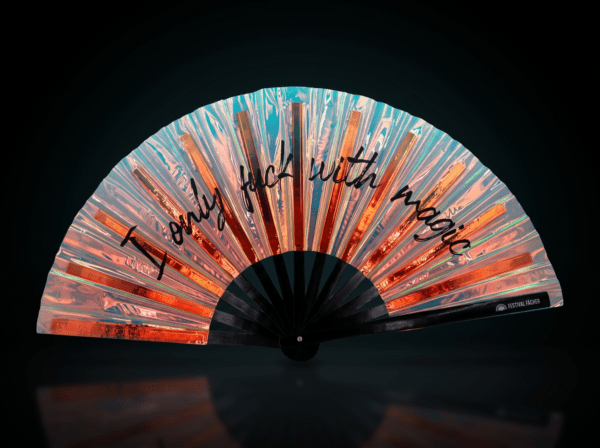 Festival Fan « I only fuck with magic » en cuivre holographique pour les Raves et les festivals