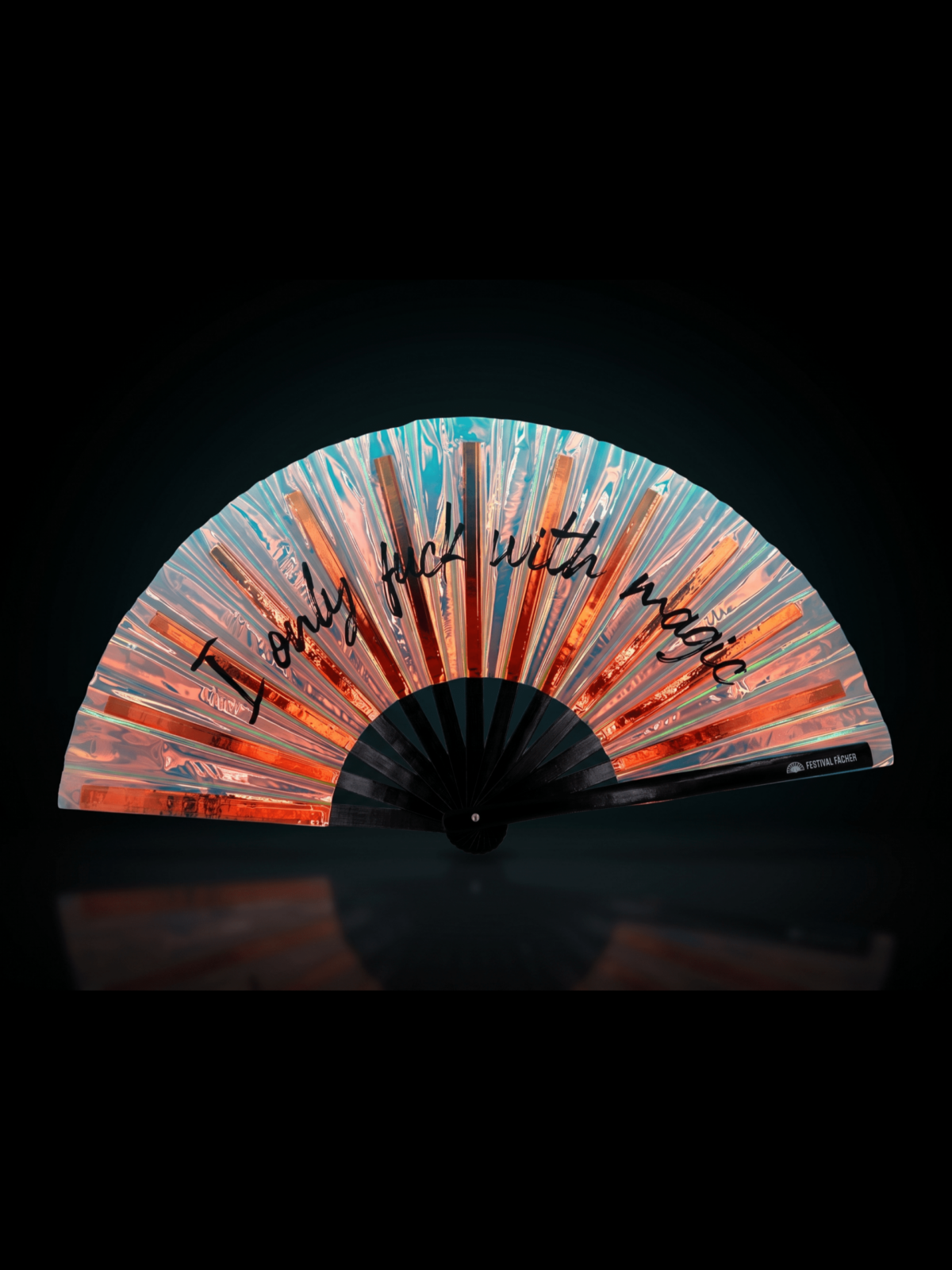 Festival Fan « I only fuck with magic » en cuivre holographique pour les Raves et les festivals