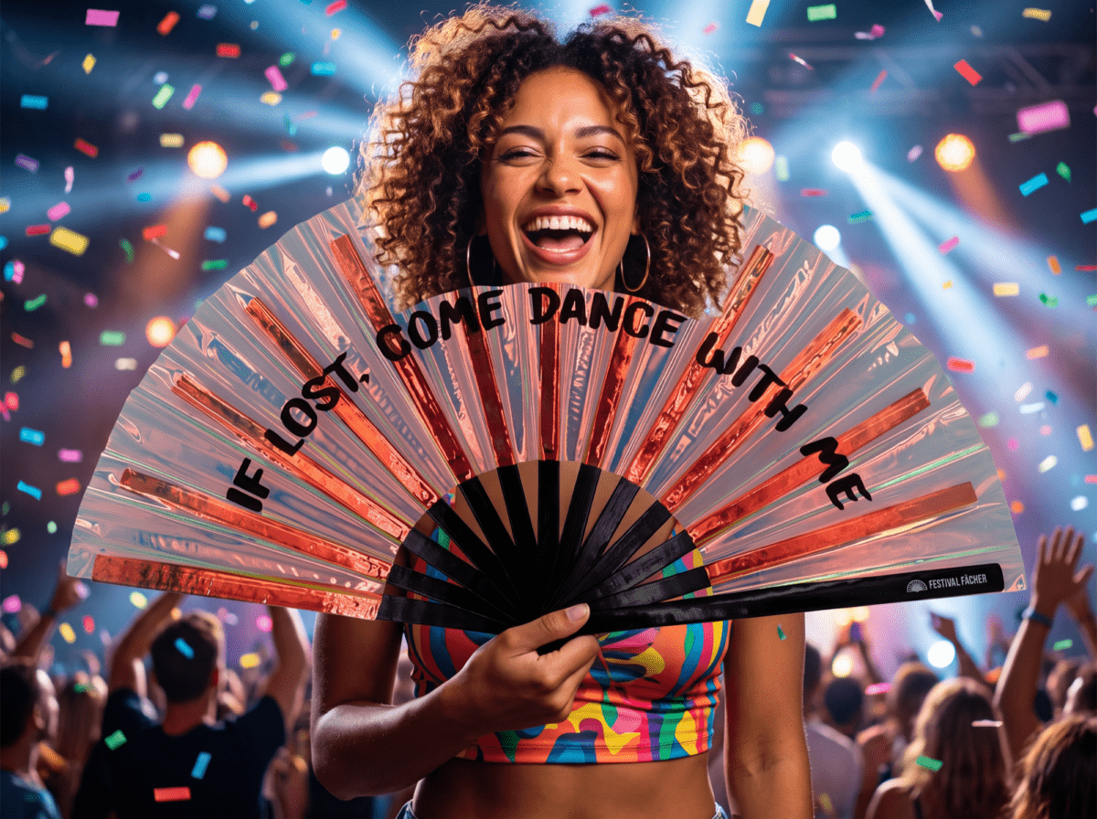 Festival Fan « IF LOST, COME DANCE WITH ME » en cuivre holographique pour les festivals et les Raves, Affichage 4