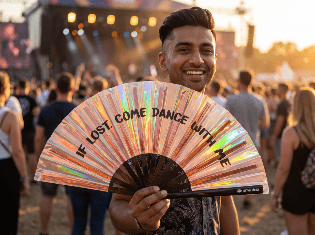 Festival Fan « IF LOST, COME DANCE WITH ME » en cuivre holographique pour les festivals et les Raves, Affichage 3