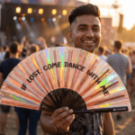 Festival Fan « IF LOST, COME DANCE WITH ME » en cuivre holographique pour les festivals et les Raves, Affichage 3