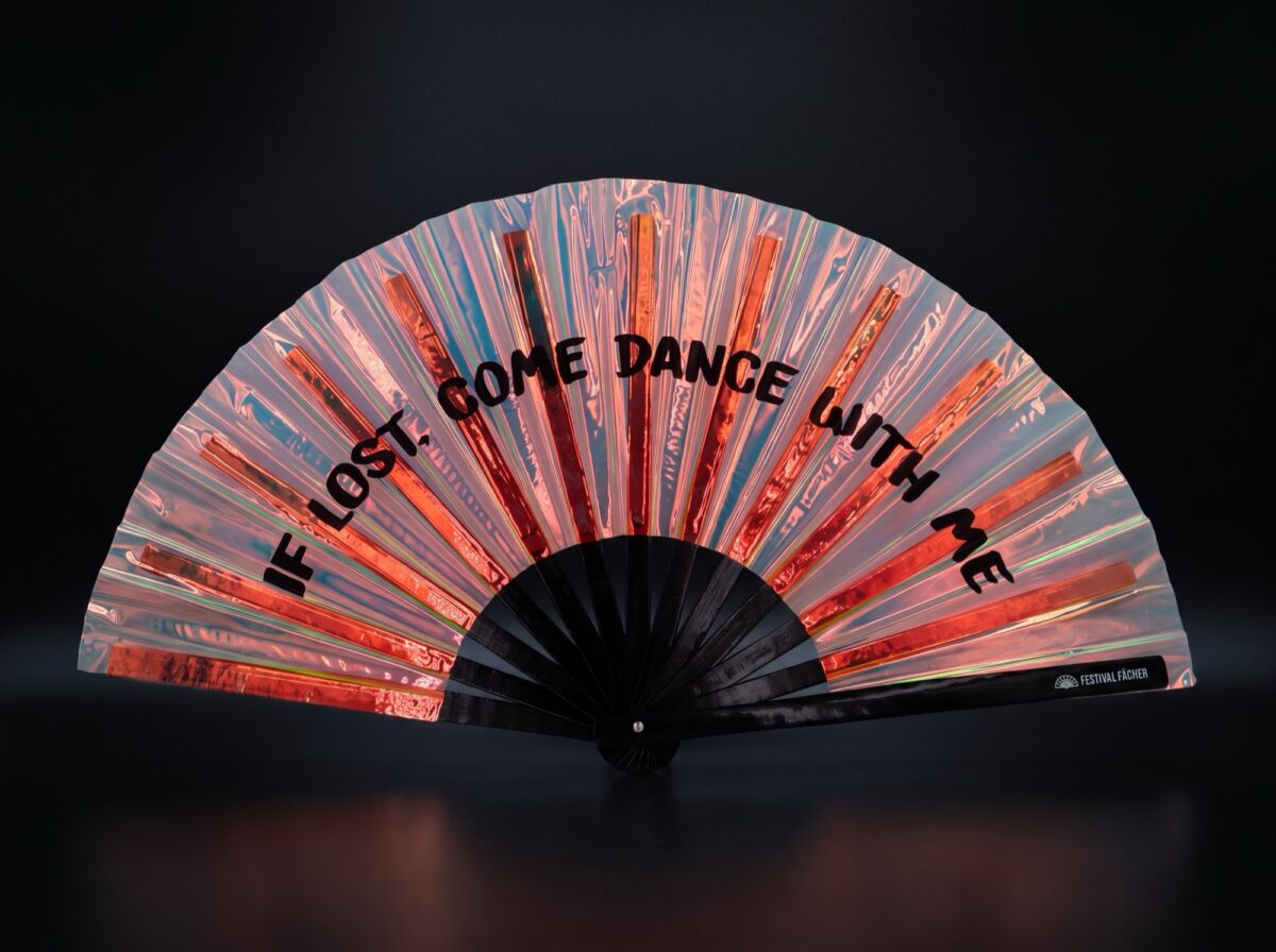 Festival Fan « IF LOST, COME DANCE WITH ME » en cuivre holographique pour les festivals et les Raves