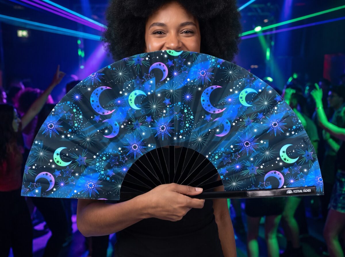Festival Fan « Lune et étoiles », bleu nuit, pour les festivals et le style bohème, Affichage 2