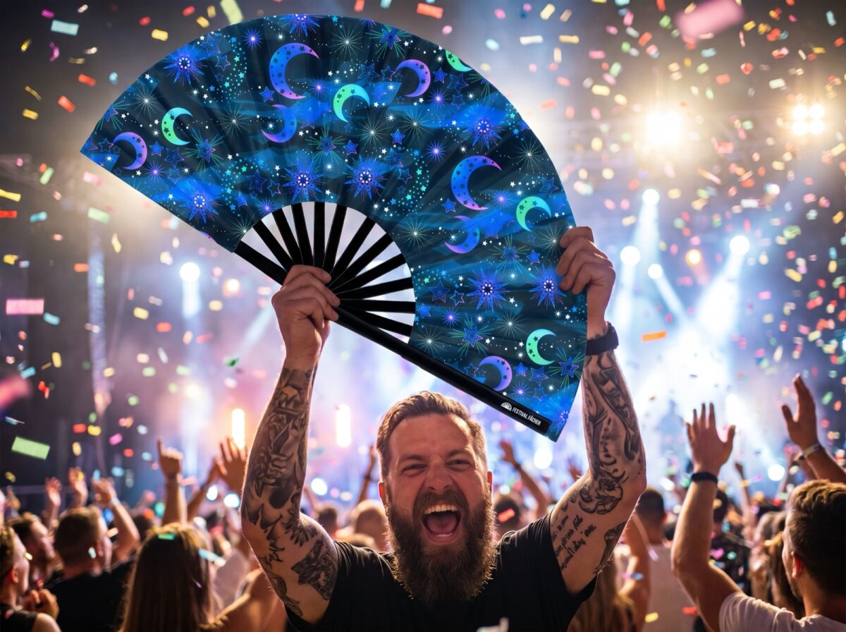 Festival Fan « Lune et étoiles », bleu nuit, pour les festivals et le style bohème, Affichage 4