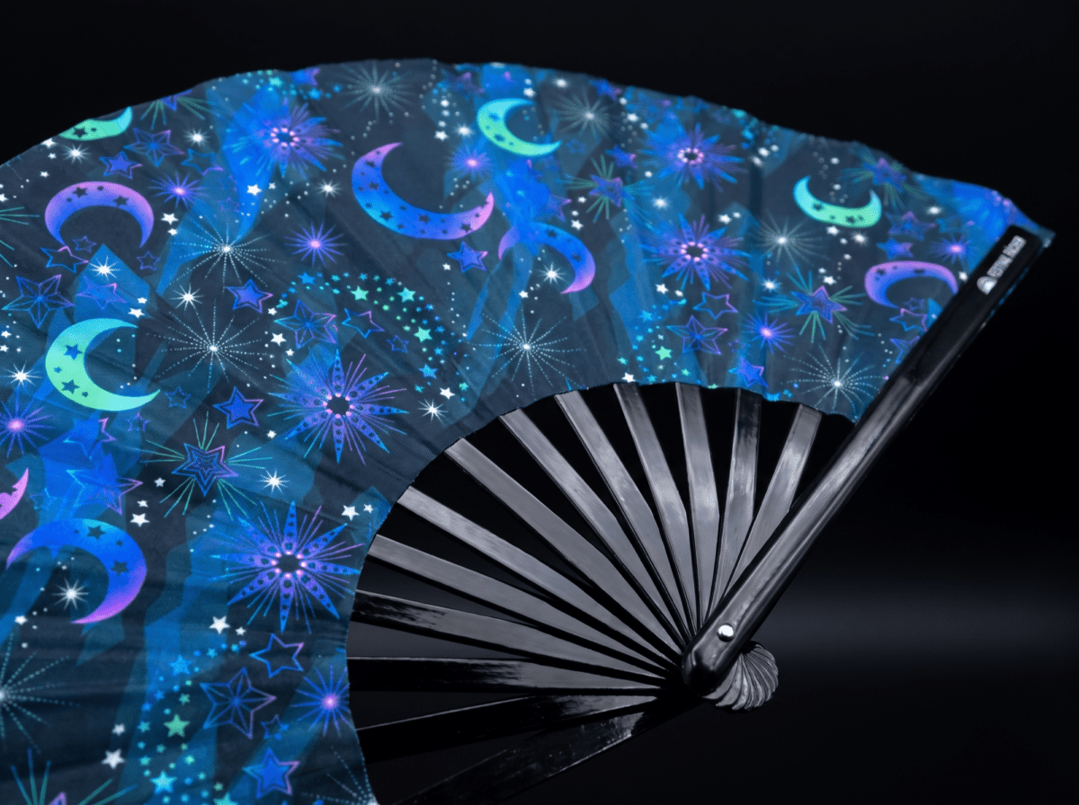 Festival Fan « Lune et étoiles », bleu nuit, pour les festivals et le style bohème, Affichage 5