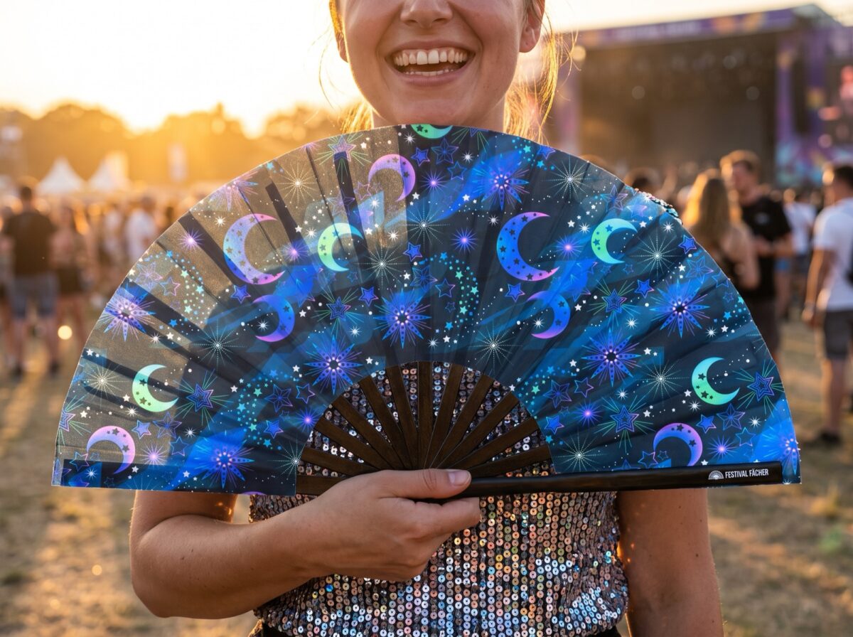 Festival Fan « Lune et étoiles », bleu nuit, pour les festivals et le style bohème, Affichage 3