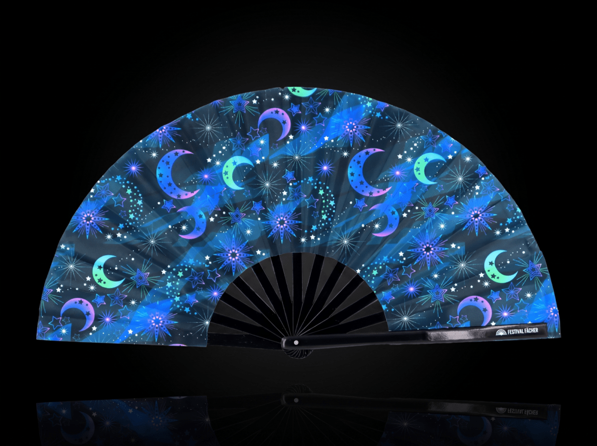 Festival Fan « Lune et étoiles », bleu nuit, pour les festivals et le style bohème