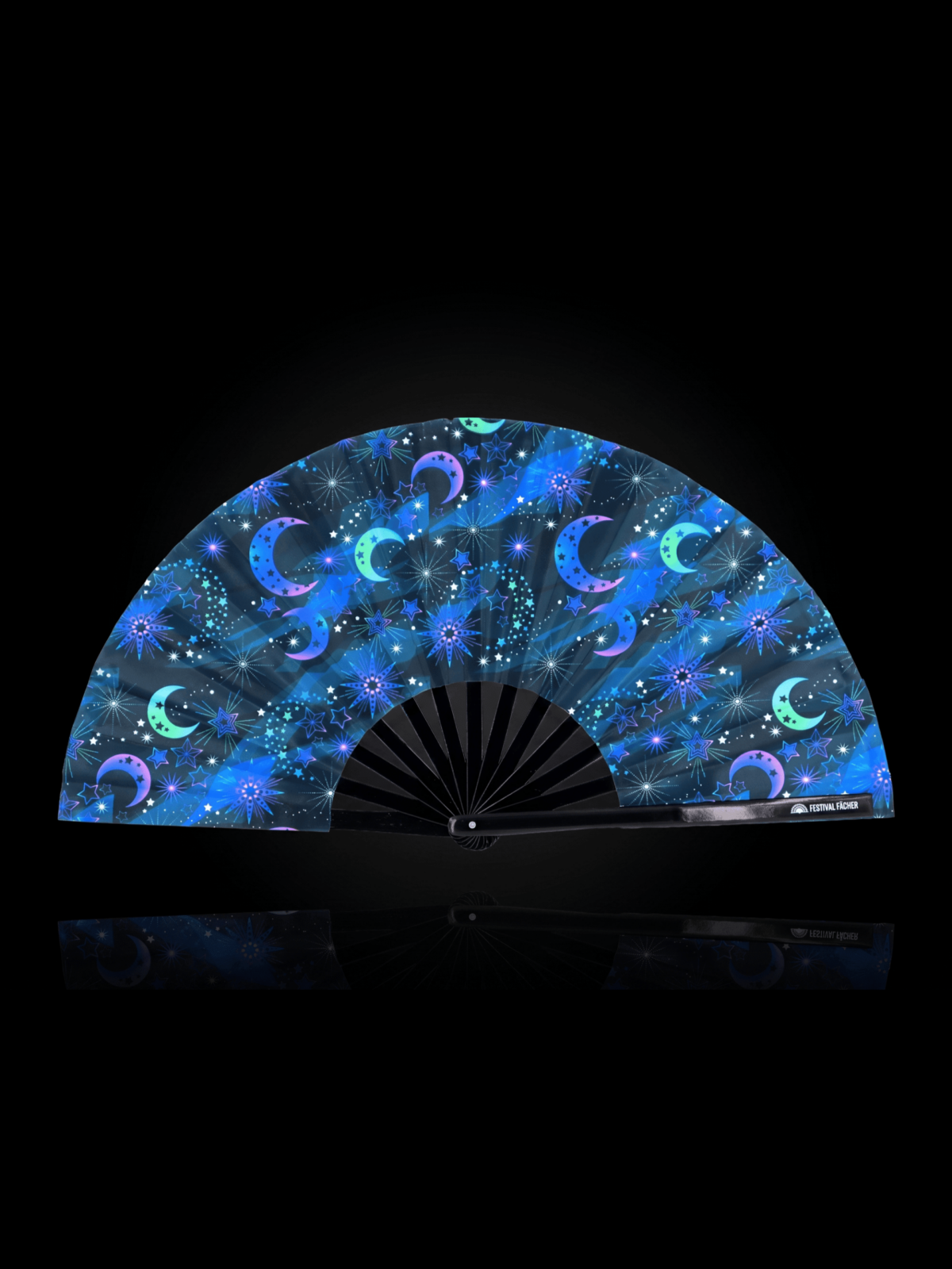 Festival Fan « Lune et étoiles », bleu nuit, pour les festivals et le style bohème