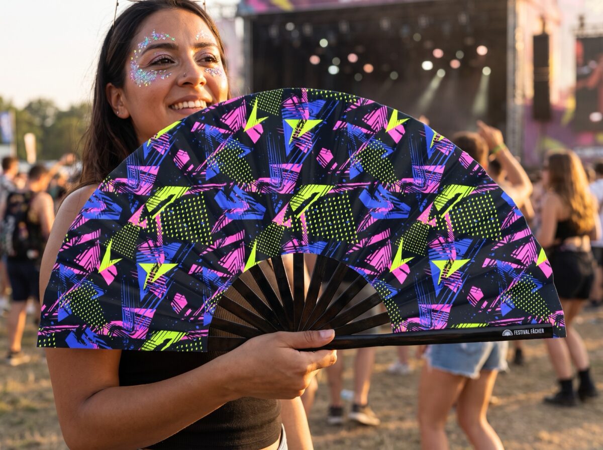 Festival Fan « Géométrie néon » noir pour la Techno et la Rave, Affichage 3