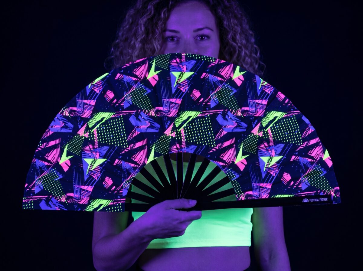Festival Fan « Géométrie néon » noir pour la Techno et la Rave Rave (UV)