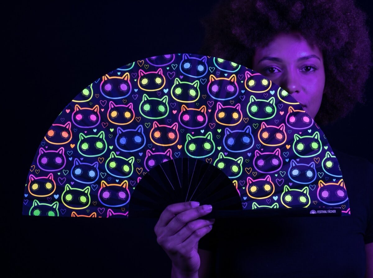 Festival Fan « Chats néon » noirs pour les Raves et les festivals Rave (UV)