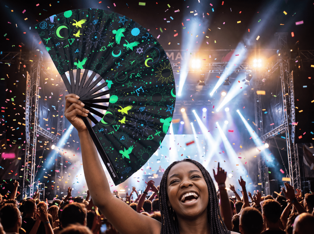 Festival Fans avec symboles occultes, noir néon, pour la psytrance et la Rave, Affichage 4