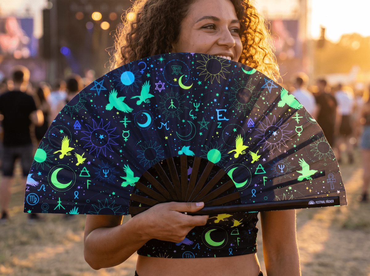 Festival Fans avec symboles occultes, noir néon, pour la psytrance et la Rave, Affichage 3