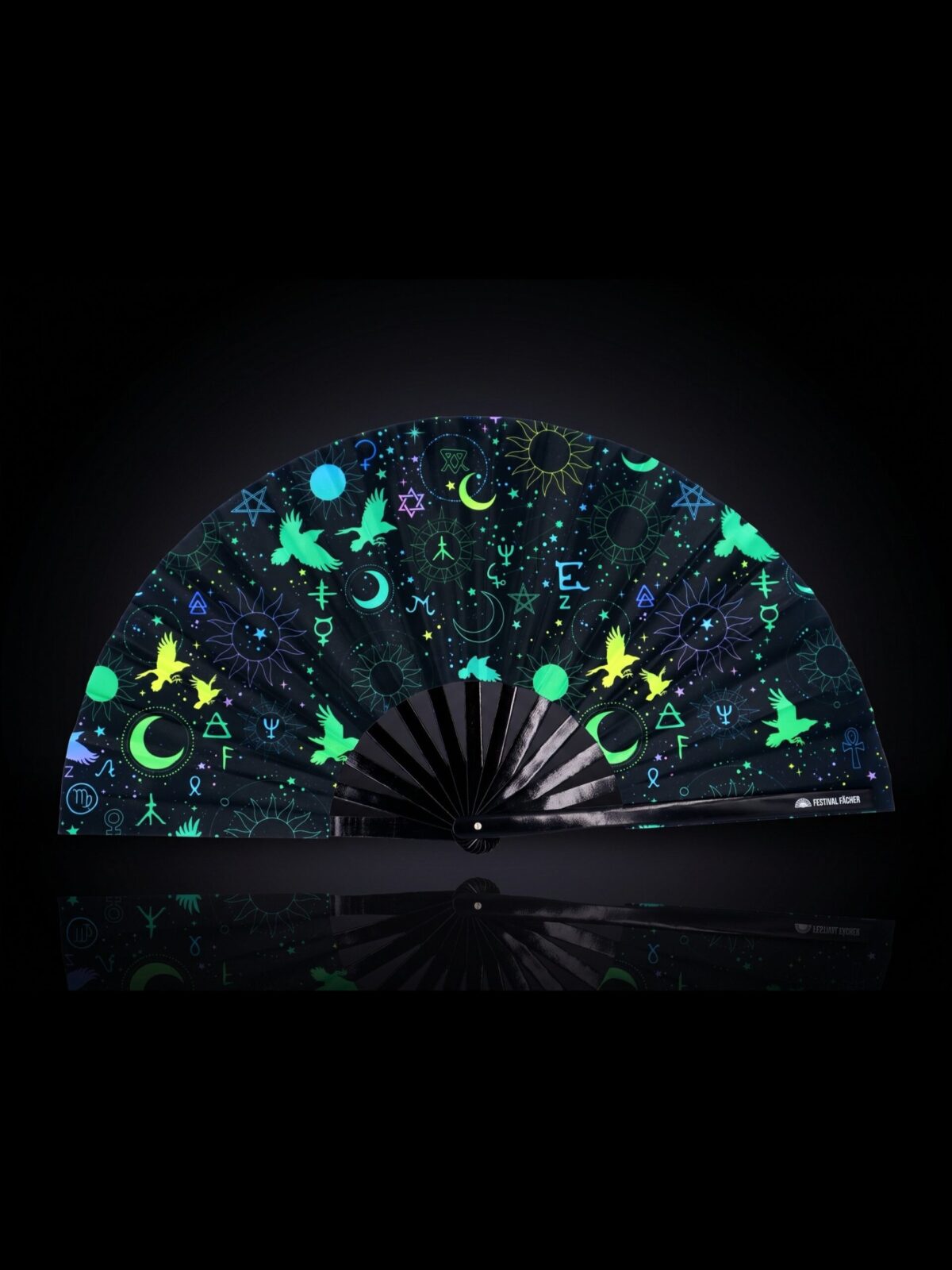 Festival Fans avec symboles occultes, noir néon, pour la psytrance et la Rave