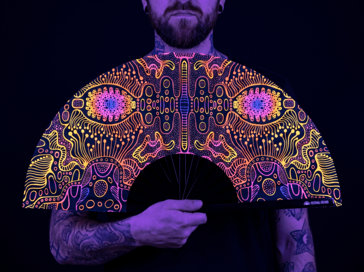 Festival Fan « Neon-Ornament » noir pour la psytrance et le goa Rave (UV)