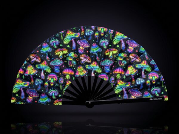 Festival Fan « Champignons néon » multicolores sur fond noir pour la psytrance et le goa