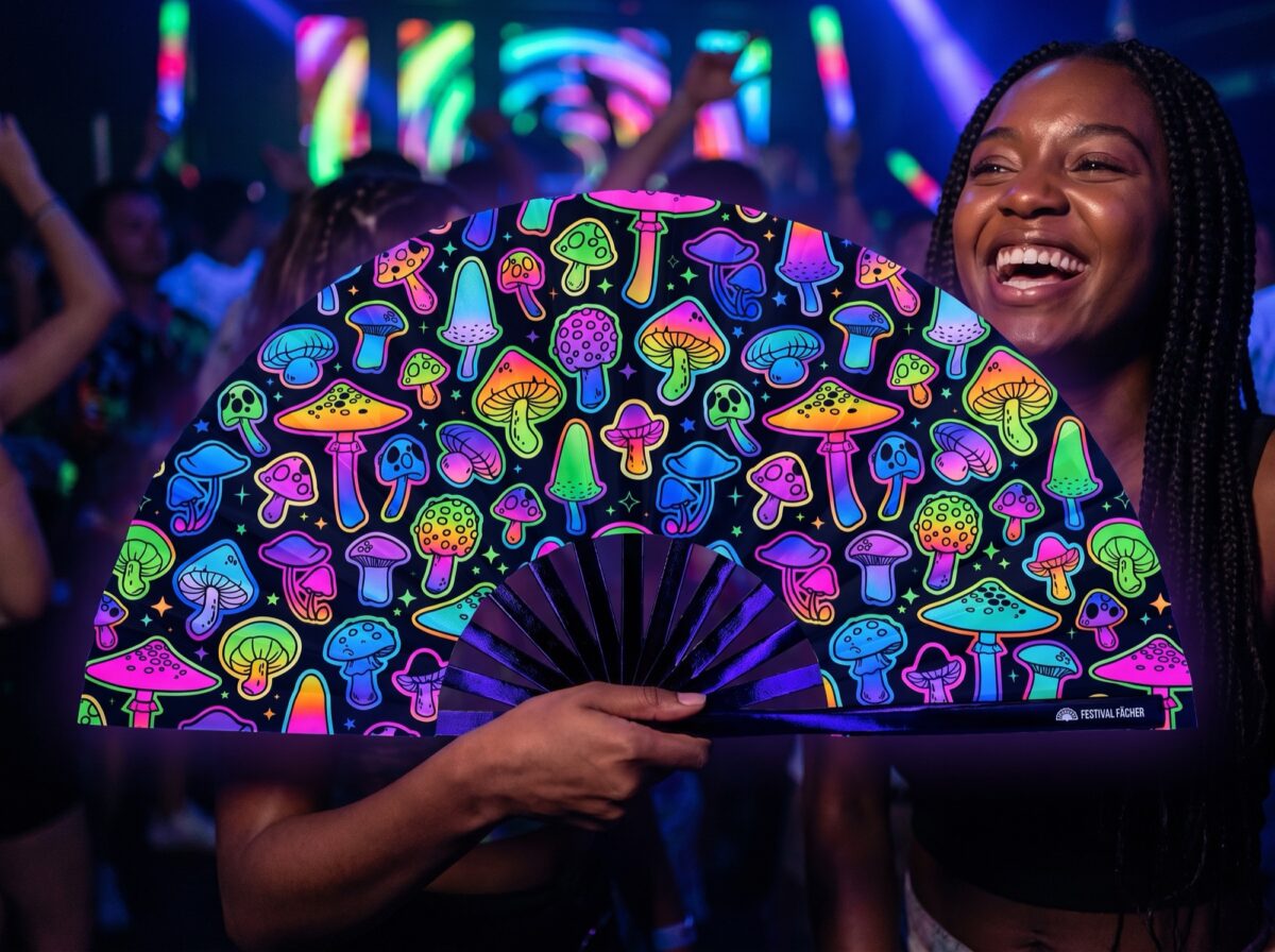 Festival Fan « champignons fluo » à l&rsquo;aérographe, noirs, pour Goa et psytrance, Affichage 2